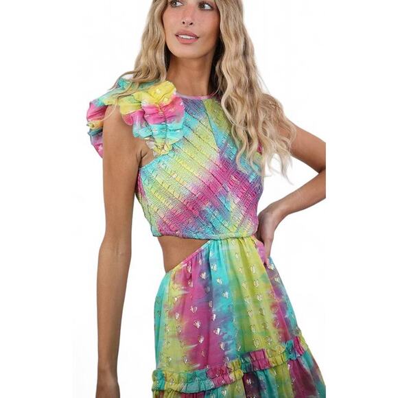 SAYLOR LEILANIE Smocked Cutout Back Mini Dress Rainbow Tie Die Aline Medium NEW - Picture 2 of 6